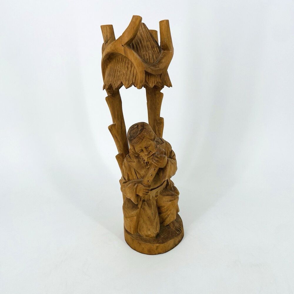 Vtg Hand Carved Wood Figure Old Man under Canopy Hut Tree Flute Folk Art Statue